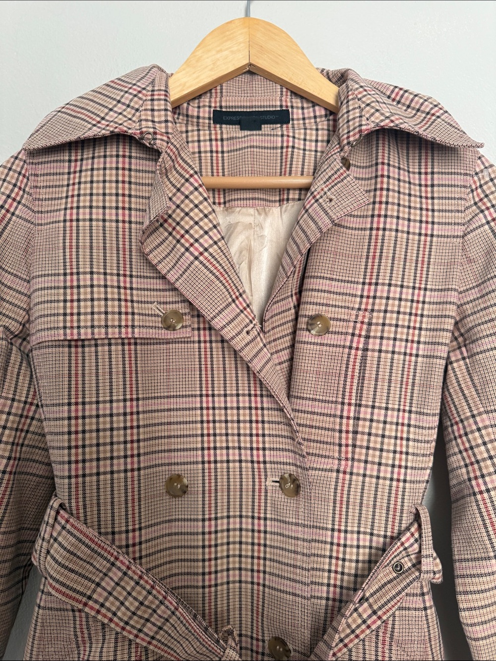 Express Design Studio Plaid Double-Breasted Trench Coat - Pink/Tan small - Picture 3 of 11